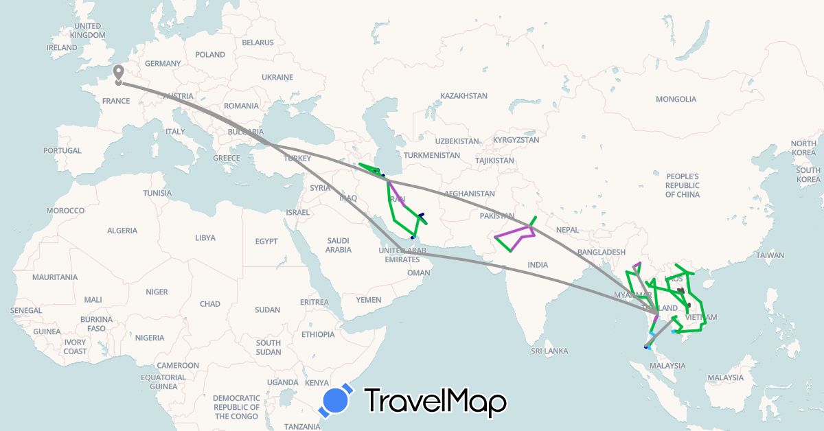 TravelMap itinerary: driving, bus, plane, train, boat, motorbike in United Arab Emirates, France, India, Iran, Cambodia, Laos, Myanmar (Burma), Thailand, Turkey, Vietnam (Asia, Europe)